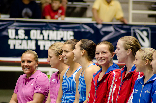 Women's 3m Synchronized contestants line up for introductions.
