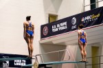 Maren Taylor (University of Texas) and Meghan Houston (Longhorn Aquatics) prepare to make the first dive of the night.