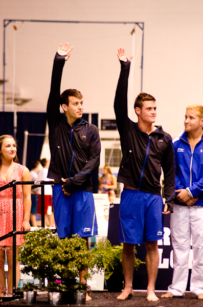 Nick McCrory (Duke Aquatics) and David Boudia (Boiler Diving Academy) are introduced. They went on to win the event.