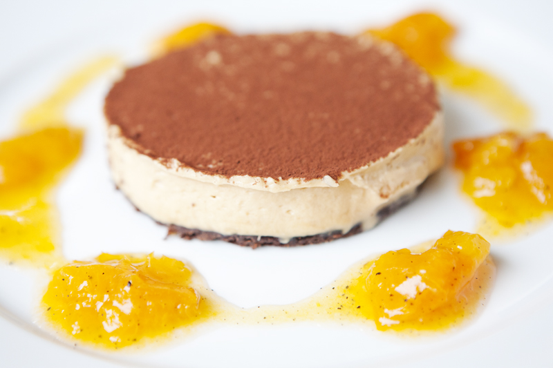 Cocoa caramel crunchvanilla: poached apricots & whipped cream.