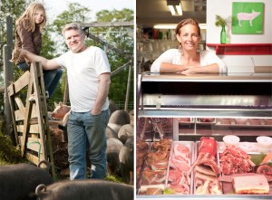 George Page works on the farm with daughter Adela watching. A few miles away, wife Kristin is working at their restaurant. This rare restaurant, which would actually be entitled to brag on its sourcing, La Boucherie is the in-town extension of Vashon Island's Sea Breeze Farm.