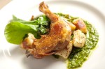 Chicken confit with ricotta gnocchi, pea shoots, and sorrel pesto.