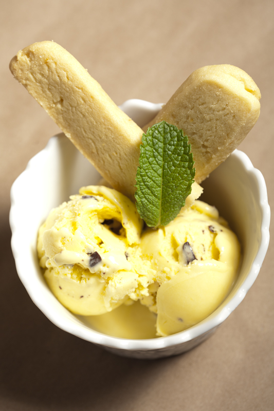 Fresh mint and chocolate chunk ice cream with farm butter shortbread cookies.