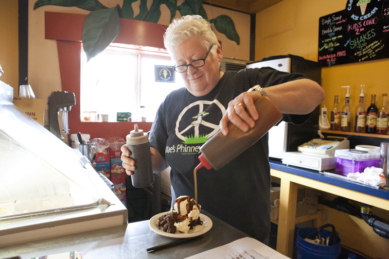 Ice cream, almond-crusted coffee cake, and fresh cherry pie are some of the treats that Mae's owner Jeanne Barwick serves attendees.