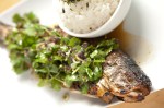 Whole Rainbow Trout - Seasoned with Kauai Saltwater, lemon, ogo,cilantro, scallions, and rice.