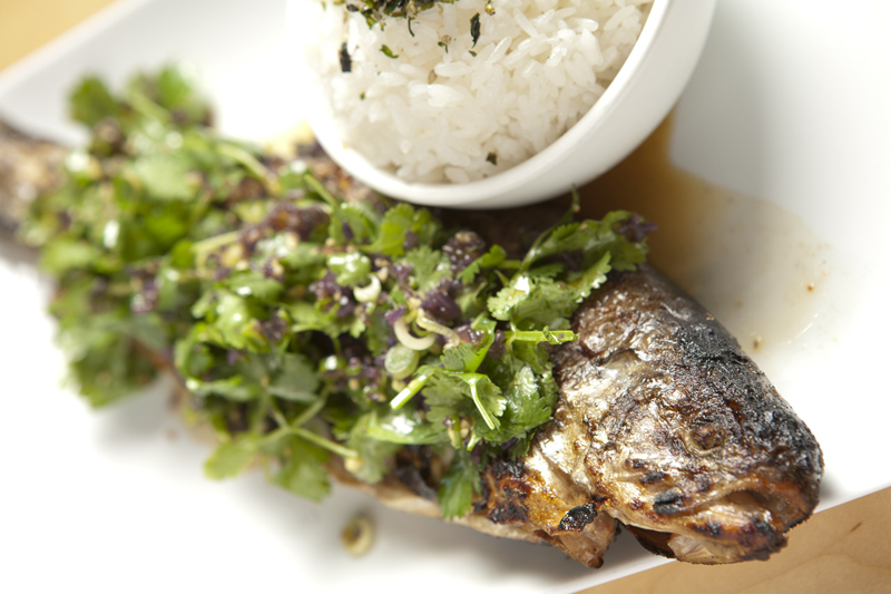 Whole Rainbow Trout - Seasoned with Kauai Saltwater, lemon, ogo,cilantro, scallions, and rice.