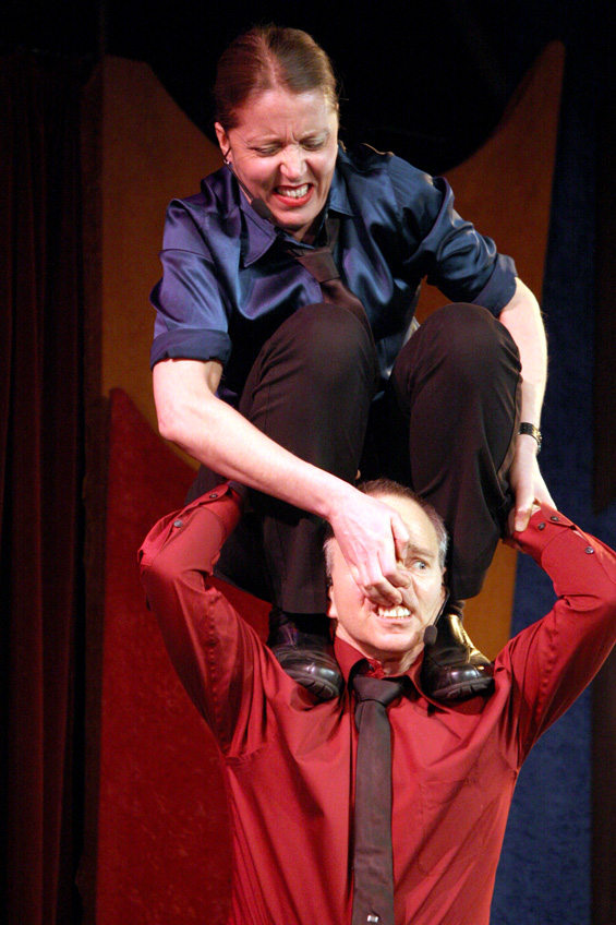 Taking on Meltzer's dare, Spang-Hassen easily climbs onto his shoulders.