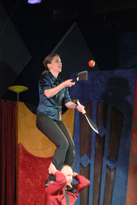 Accomplishing the dare, Katrine successfully juggles two different types of knives, and an apple.