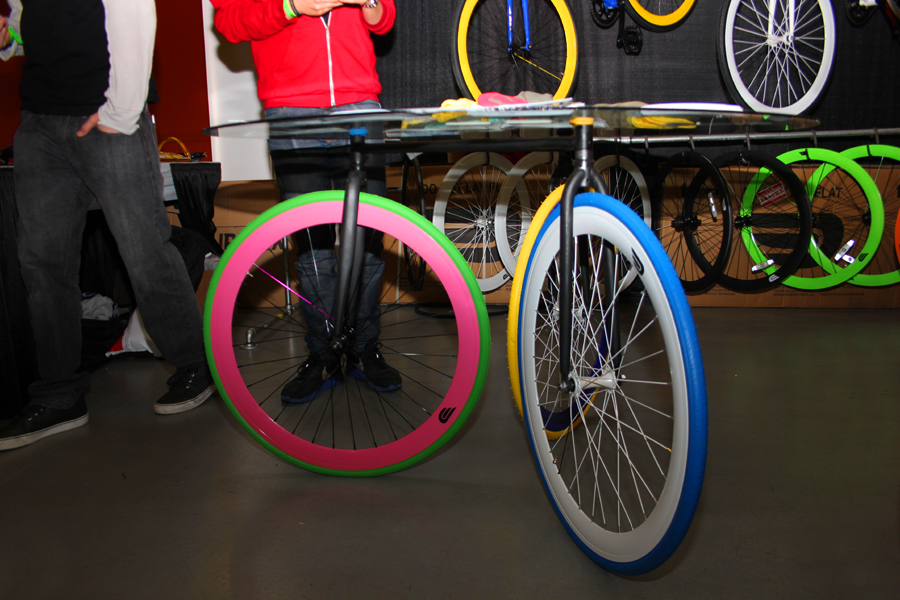 Custom-made table by Purefix Cycles. You can order yours at http://purefixcycles.com for $1000.