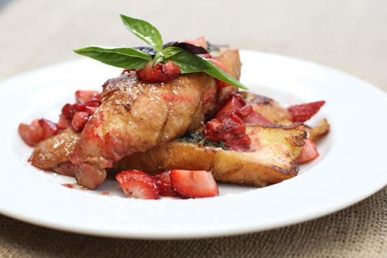 Decadence can be classy, like this pain perdu, a.k.a. French toast, with strawberries and basil. served at Ramos House Cafe in San Juan Capistrano, California.