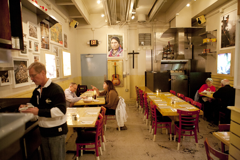 Removed from the open-kitchen hubbub that consumes the trunk of this tee-shaped restaurant, the aft annex houses a counter set with a trio of self-service salsas, a clear barrel of horchata aE”positioned so closely to the salsas that you'll wonder if you're meant to help yourself.