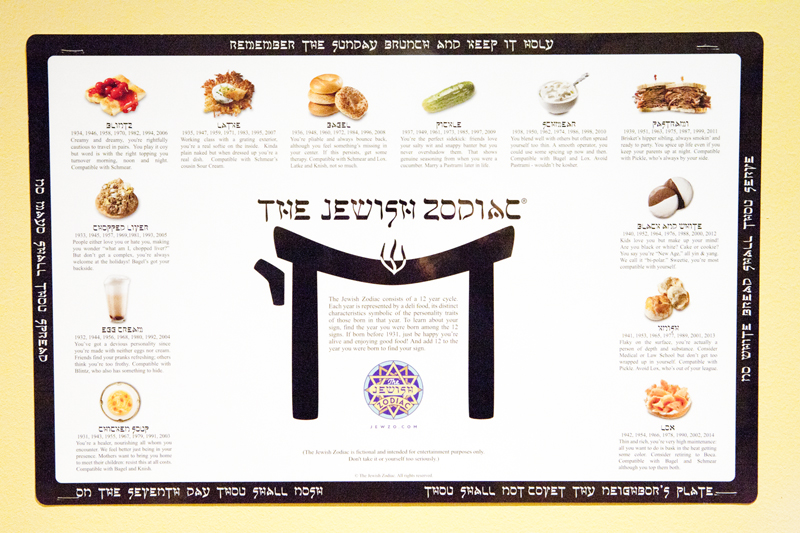 Walls plastered with random New York memorabilia and cribbed attempts at humor, such as a poster of the Jewish Zodiac, thicken the already stale air.