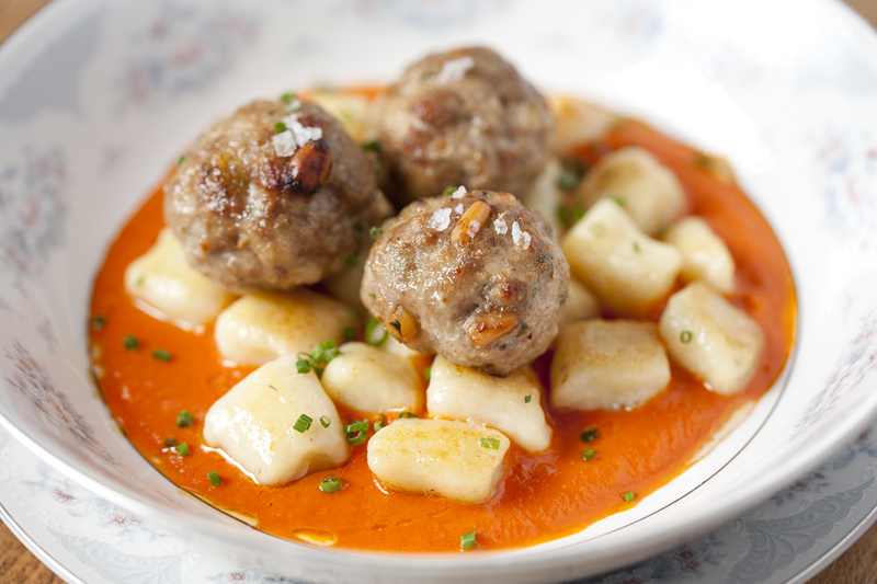 Boar and Bison gnocchi, tomato-camembert fondue, and pine nuts.