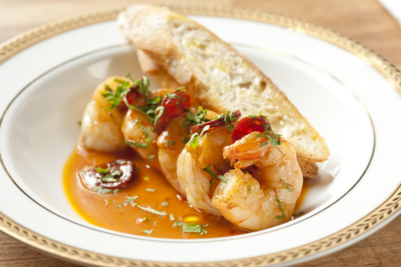 Shrimp and Chorizo, with garlic, sherry, and bread.