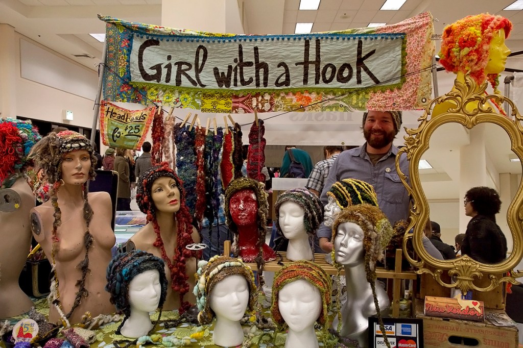 Portland, OregonaE™s Heather Lightbody is a yarn junkie,confesses her husband. She crochets fantastical cranial creations from her own hand-dyedand handspun yarn. (www.girlwithahook.com)