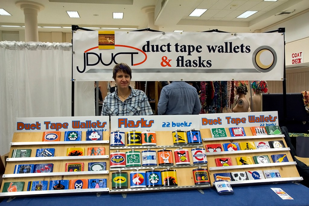 Jen Woffinden handcrafts duct tape wallets and flasks inPortland, OR. Her favorite is the Drunken Squirrel Flask, because squirrels are crazy,right? (jduct.com)