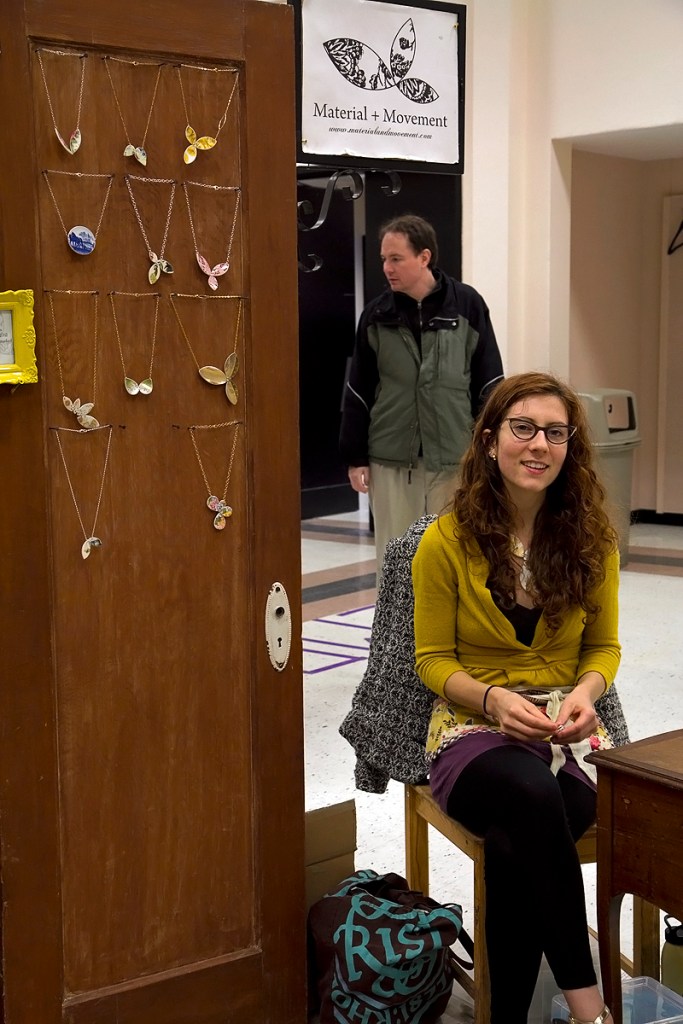 Heather Krafts favorite piece is this necklace, fashionedfrom an old plate featuring a design from a German botanical illustrator.(www.materialandmovement.com)