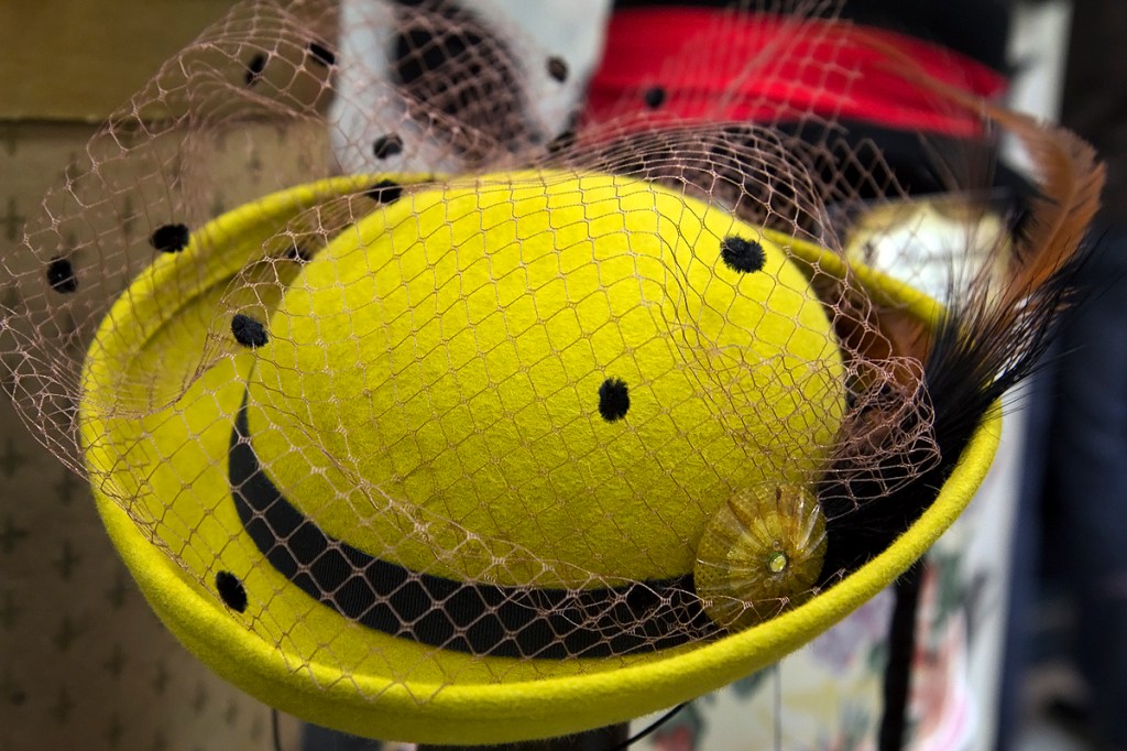 Haberdasher Angela Cook picked this golden hat as herfavorite. She loves the organic process of creating from new and old materials.(www.humperdinckhats.etsy.com)