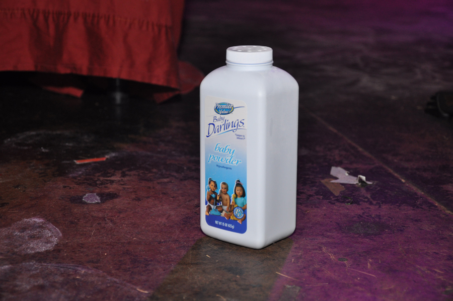 Talcum powder ready to be doused on the floor!