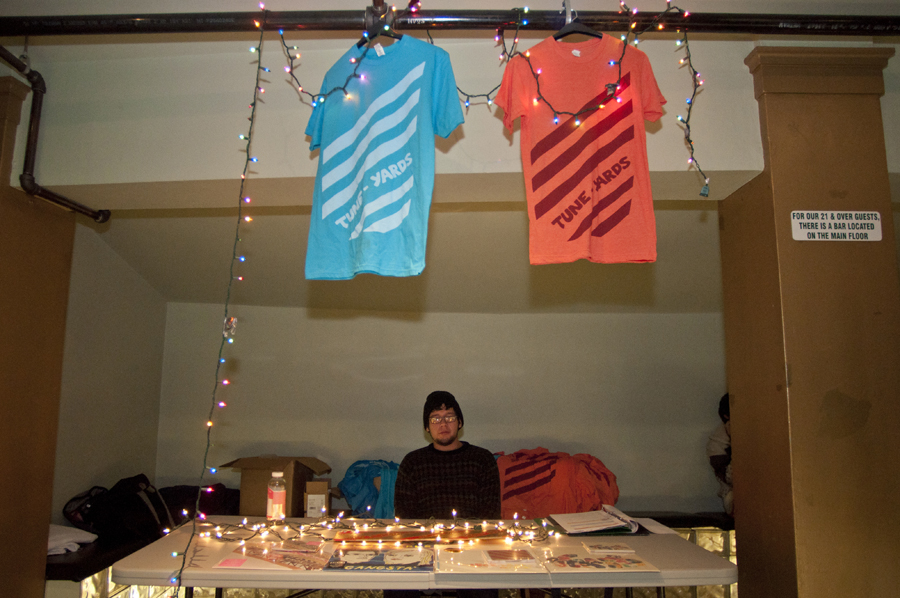 The merch table was decked out for the holidays.