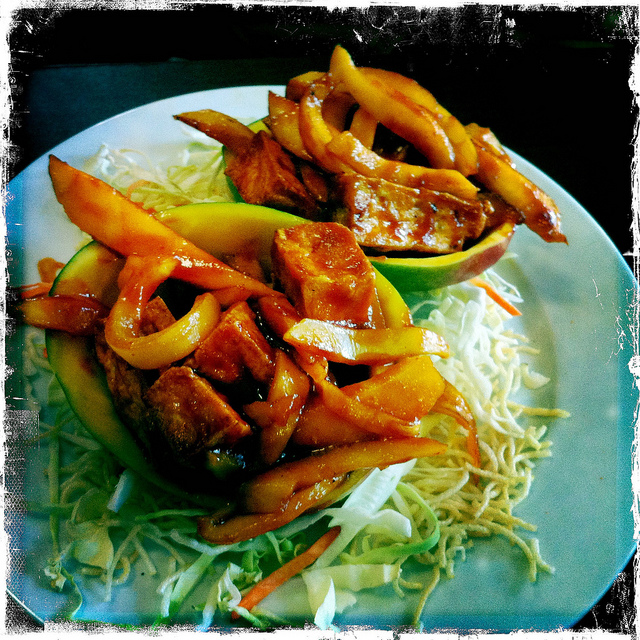 Mango Tofu:  a co-worked of mine ordered this at a lunch outing. when i first set sight on this, the colors were beautiful and i was intrigued by the combination of mango and tofu. tasting it did not disappoint as the fresh juicy mango melted in your mouth. it doesn't hurt to try something new once in awhile.  Submitted by Corinne Manabat