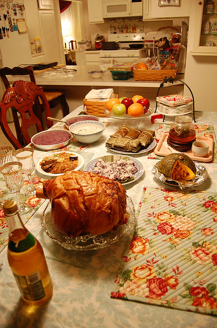New year's spread:  For New Year's we usually have lechon in place of ham, and an assortment of other things that are our own flavor of tradition -- cassava cakes, suman, pancit, and ube.