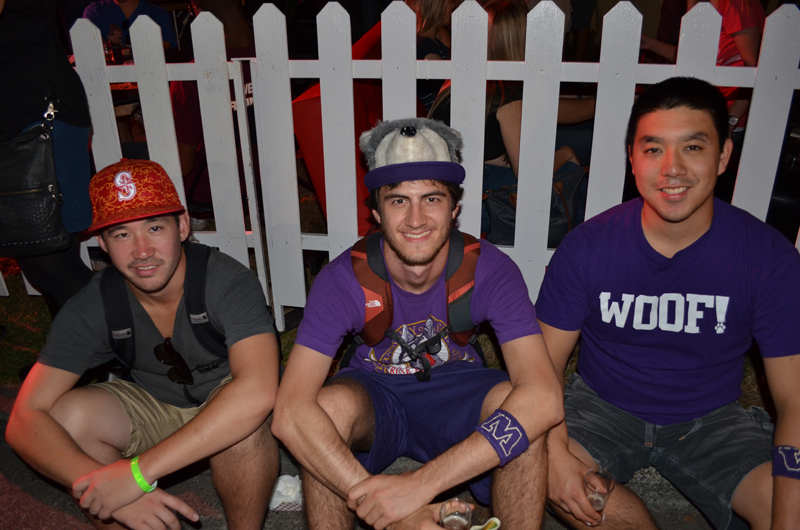 Husky fans Greg Kramer, Jay Schulkin, and Evan Daikoku are stoked from the game earlier that day. WOOF!