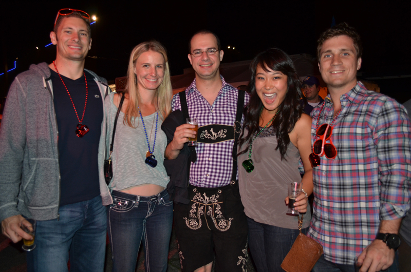 Rusty Schneider, Megan Anderson, Mike Taylor (in authentic leiderhosen!), Melinda Tan, and Nolan Deatherage are ready to party.