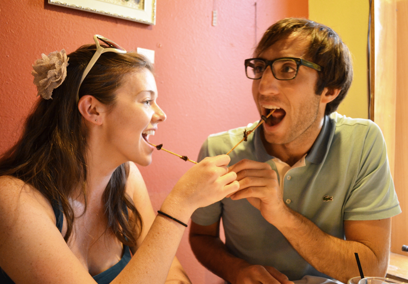 Amy Berkley and Matt Buerchler get romantic over dinner.