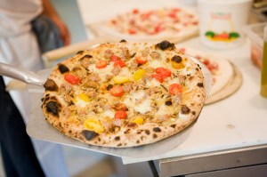 Funghi:Crimini mushrooms, cherry tomatoes, house made sausage, pecorino and fontina.