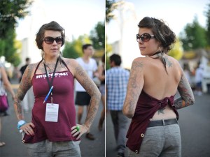 Christa C. welcomes folks to the festival. And apparently has mad t-shirt stylin' skillz.