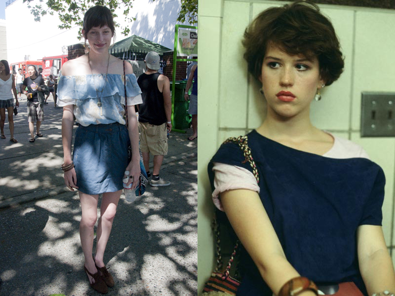 Molly Ringwald would be proud of those bangles and off-the-shoulder blouse.