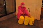 This pink monkey played drums at Pine and Broadway after the block party ended Friday night.