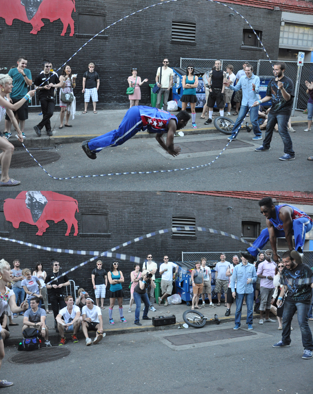 The north entrance was overrun by spectators to some amazing jumprope talents. This man successfully catapulted over the rope swinger and continued to jump on beat!