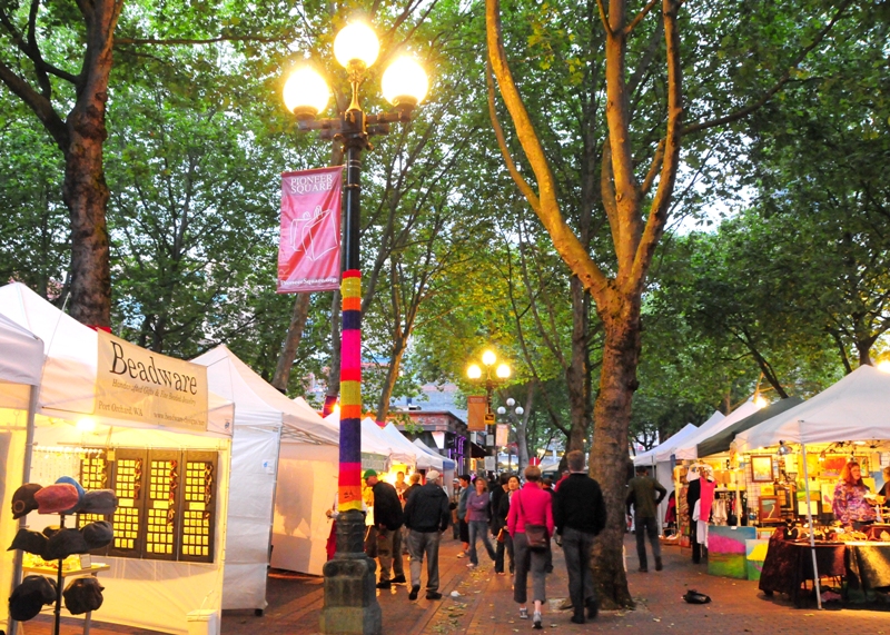 Arts vendors in Occidental Park for First Thursday.