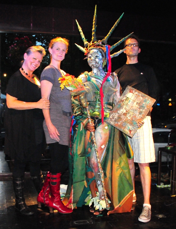 Artists Kira Richards, Dita Olson and Bradley Reed with Lady Liberty (created with model Lillian Afful) during First Thursday ArtWalk. Mallory Benston was also involved in the design.