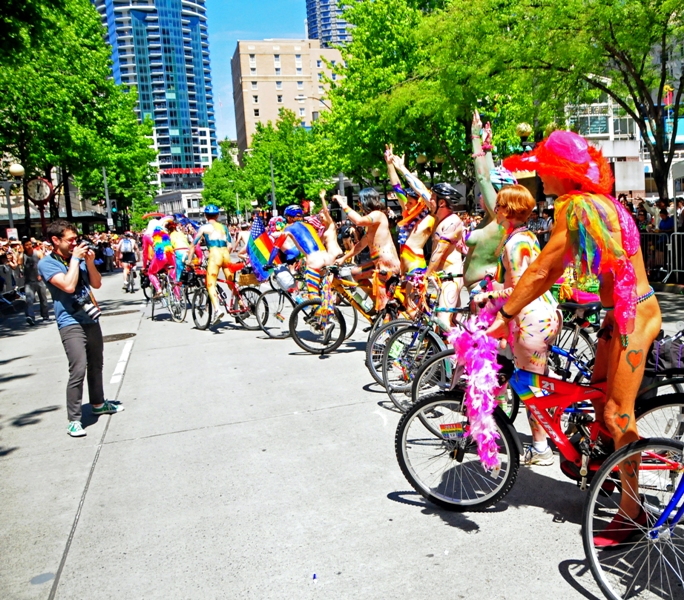 Seattle's naked bikers show all their colors at the Pride Parade.