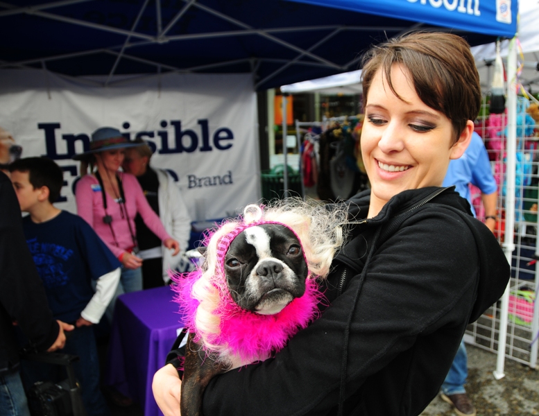 Jessica Springer holds Beatrice, aka Lady Gaga,the 2010 Doggie Drag show winner.