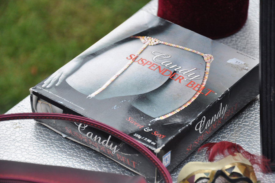 Some garage sales had less-than-desirable merchandise. Second-hand candy underwear? Just hope it isn't used!