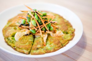 Pancakes, with shrimp, edamame, and mint.