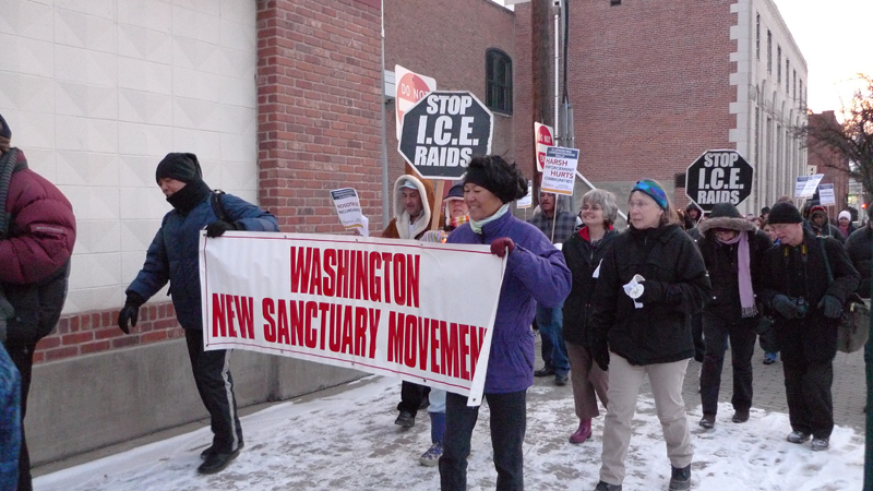 Protestors from across the state, including members of the New Sanctuary Movement, came to Ellensburg to protest ICEaE™s enforcement action.