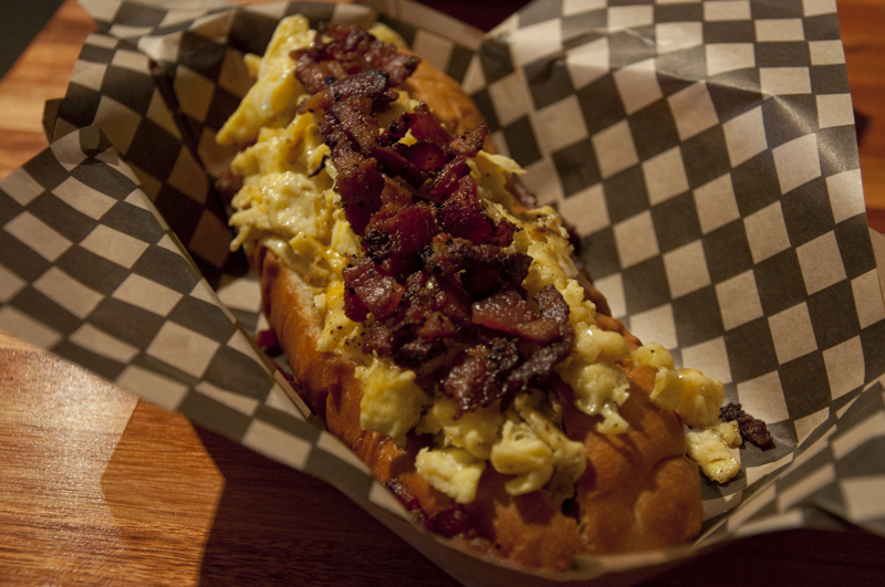 Po Dog Morning Glory Dog:scrambled eggs, Tillamook cheddar and pepper bacon.