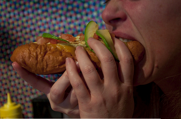 Build Your Own wiener, the best way to go! This one's got cream cheese, cheddar cheese, scrambled eggs, avocado and tomato on top of an apple sage field roast dog. Oh yeah.