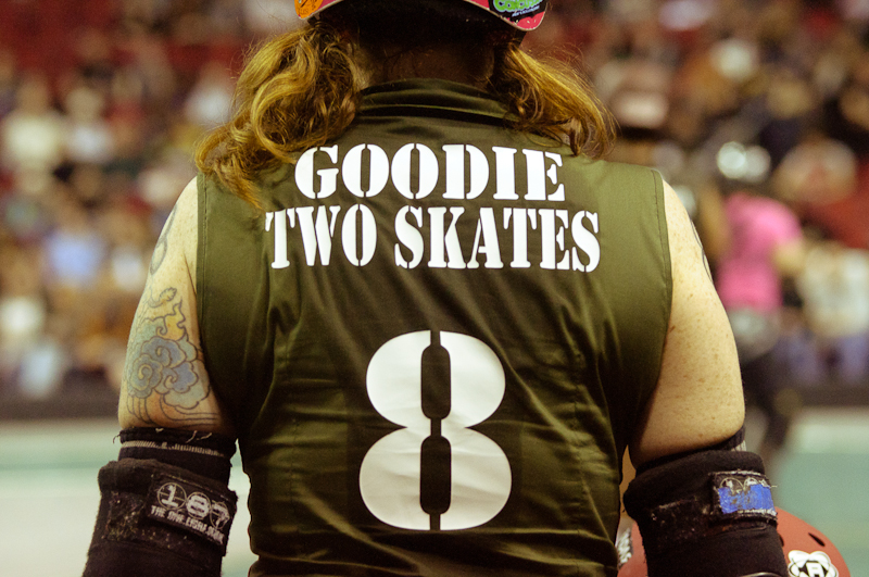 Goodie Two Skates plays for the Derby Liberation Front. Some of her teammates are Annie Warhead, Ivana Clobber and Libby Raider.