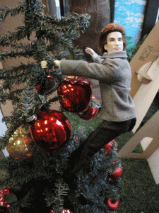 An Edward Cullen barbie doll climbs a Christmas tree in Port Angeles's branch of 'Dazzled By Twilight', a shop dedicated entirely to selling expensive Twilight-themed merchandise. Also, if this picture makes sense to you at all, you're probably a Twihard.