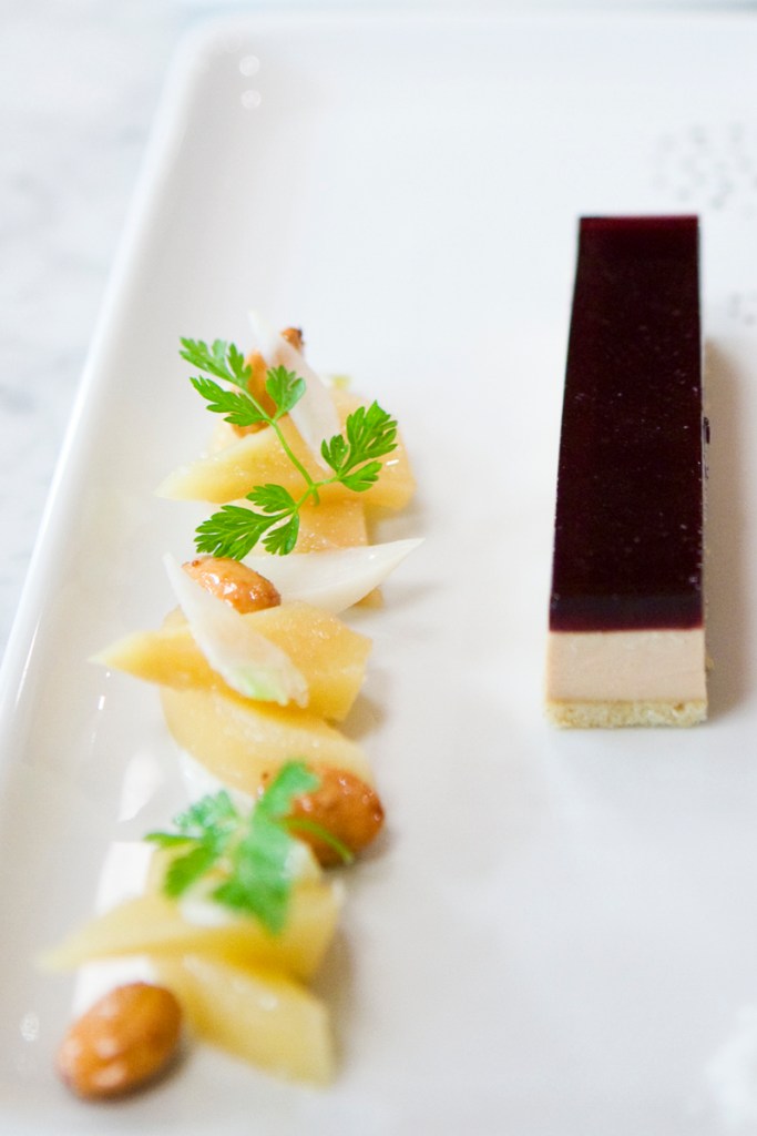 Hudson Valley Foie Gras Terrine aE“ Poached Quince, Candied Almonds, Black Cardamom Financer.