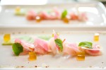 Hamachi Crudo aE“ Avocado, Watermelon Radish, Dashi Gelee