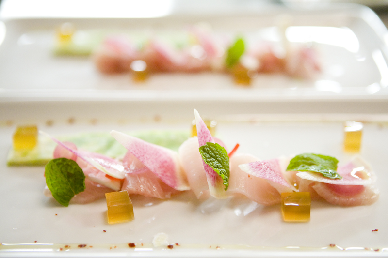 Hamachi Crudo aE“ Avocado, Watermelon Radish, Dashi Gelee