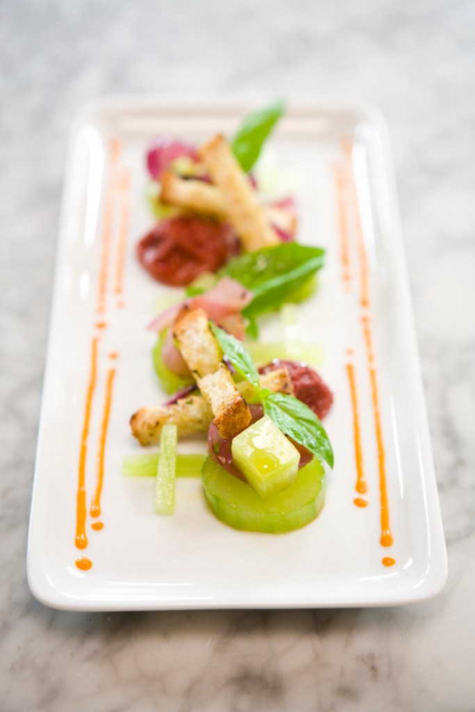 Compressed Cucumber aE“ Grilled Onions, Basil, Romesco Sauce