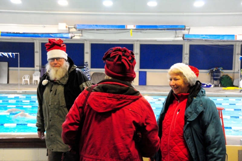 Celebrants take a break in the toasty warm community center and swimming pool.